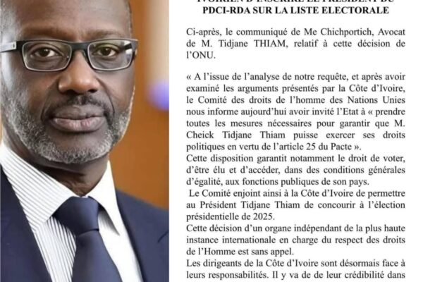Présidentielle 2025 : L’ONU enjoint l’État ivoirien à garantir les droits politiques de Tidjane Thiam